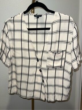 Topshop Cream and Black Windowpane Plaid Blouse